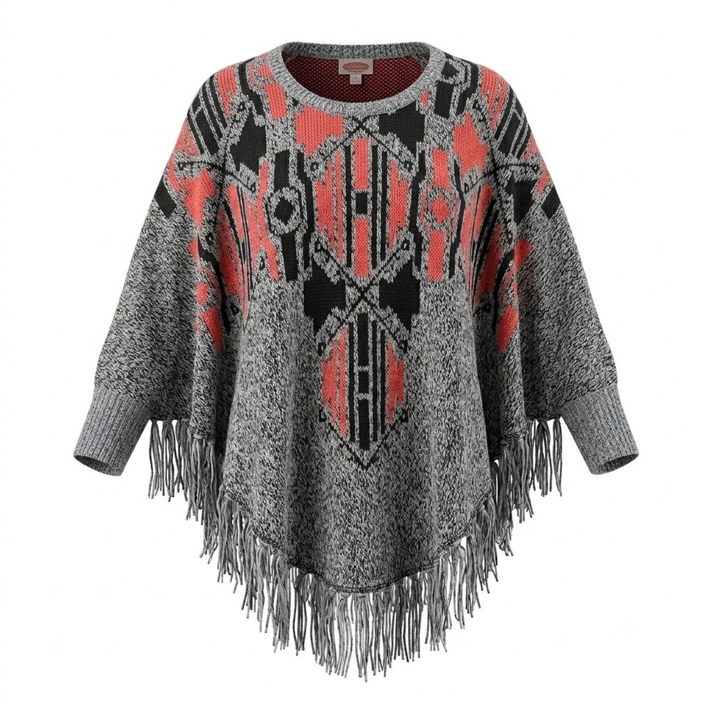 Mossimo Aztec Print Fringe Poncho Sweater Boho Chic Gray Red Black L/XL